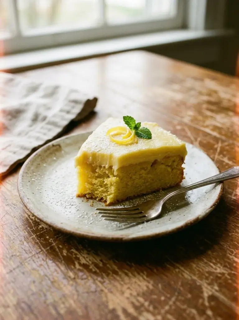 Delicious zesty lemon custard cake on a white plate