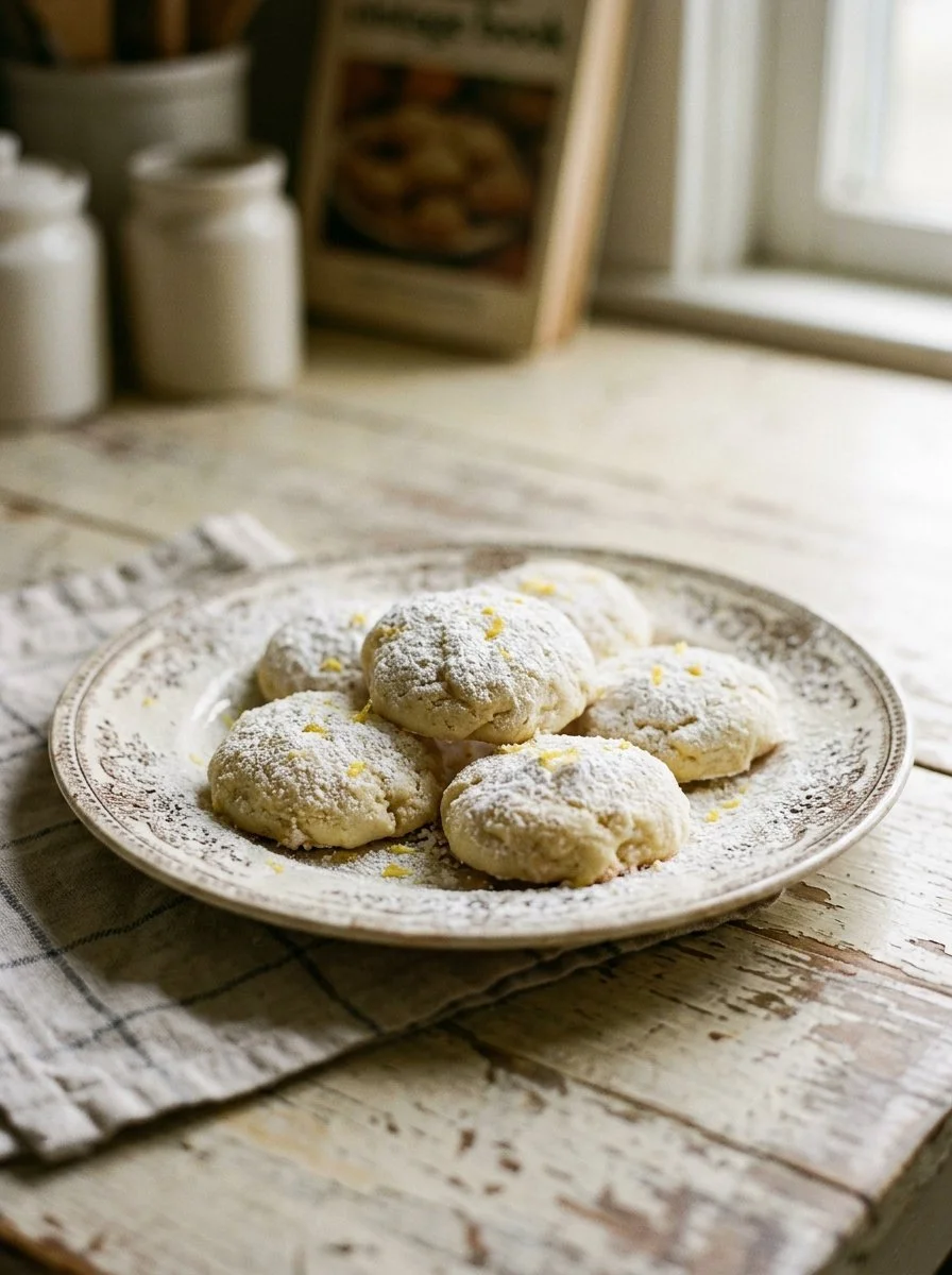 Zesty lemon meltaway cookies stacked on a plate with lemon slices