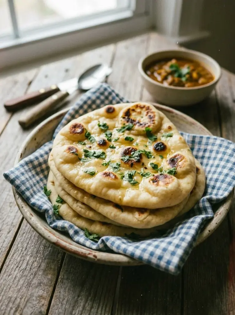Homemade 2-ingredient naan bread on a wooden surface