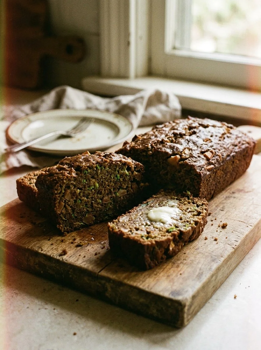 Delicious apple zucchini bread sliced and served on a plate.