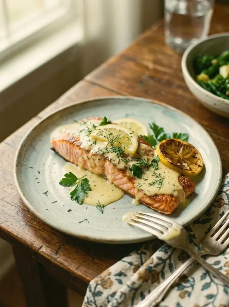Baked salmon topped with lemon butter cream sauce on a white plate