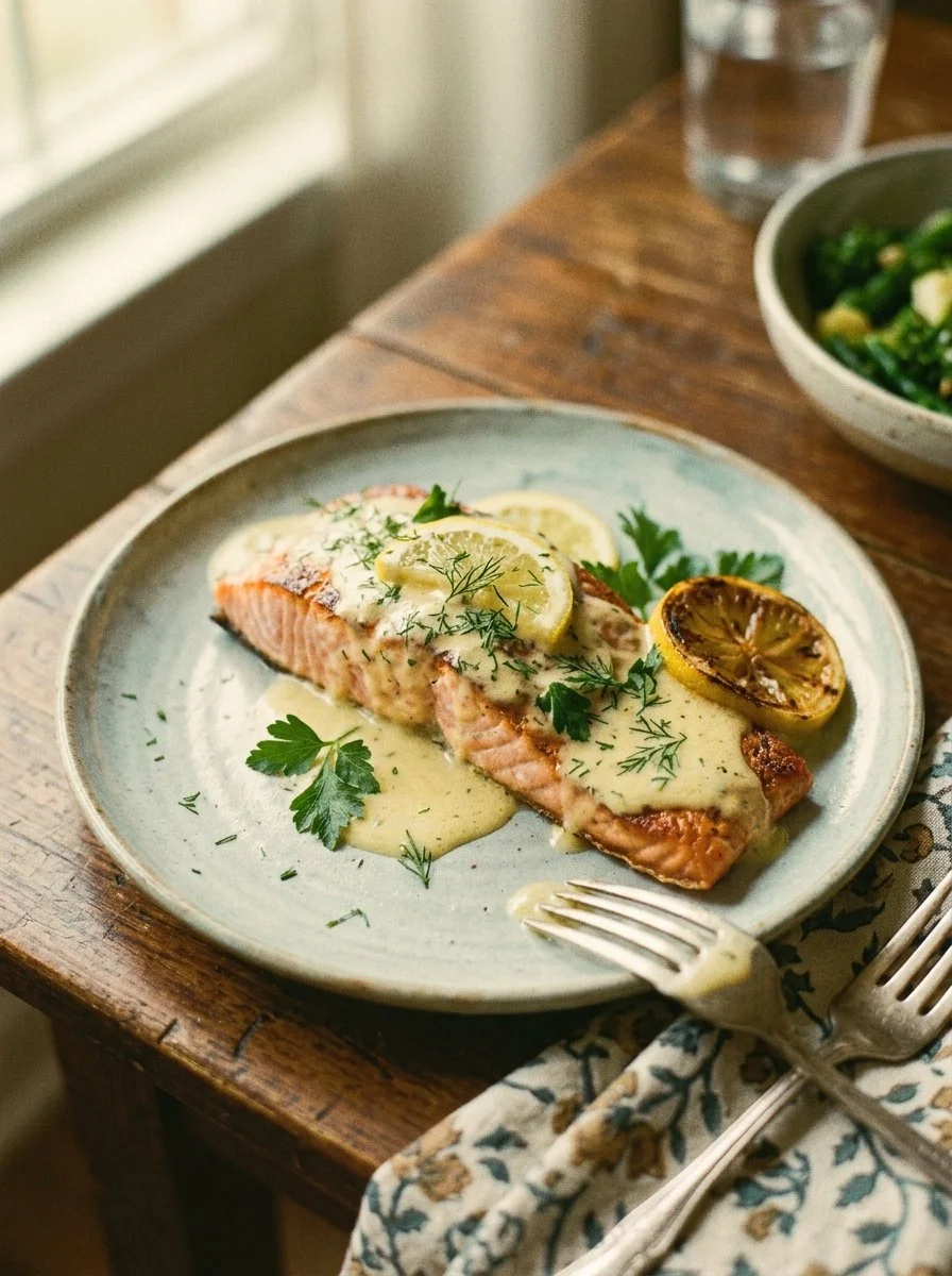 Baked salmon topped with lemon butter cream sauce on a white plate