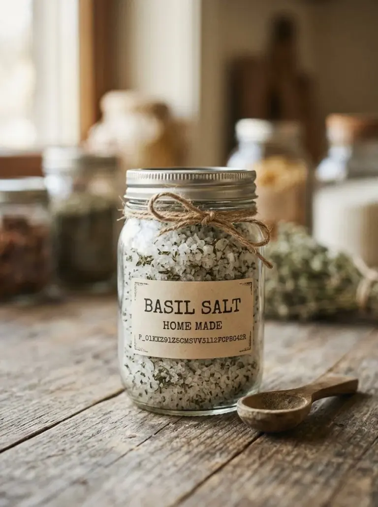 Basil salt in a small bowl with fresh basil leaves
