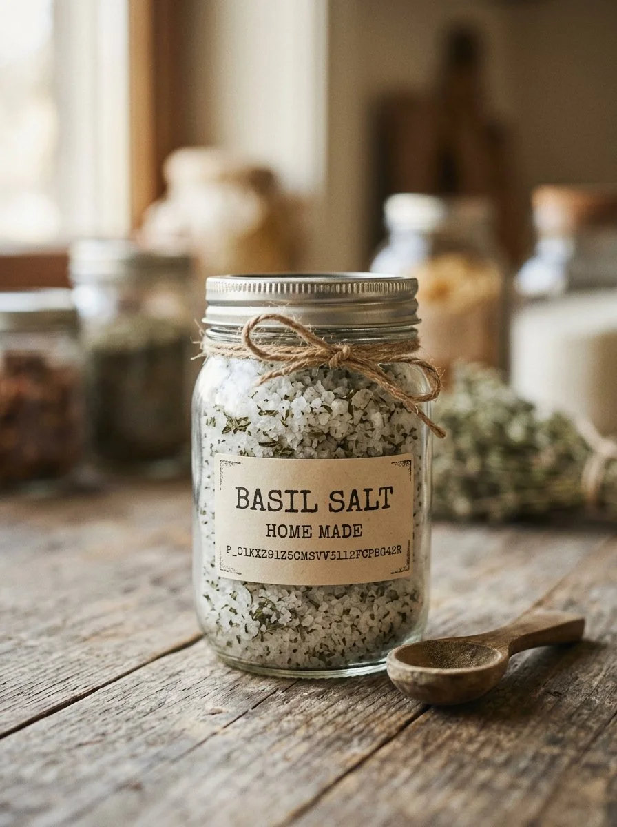 Basil salt in a small bowl with fresh basil leaves