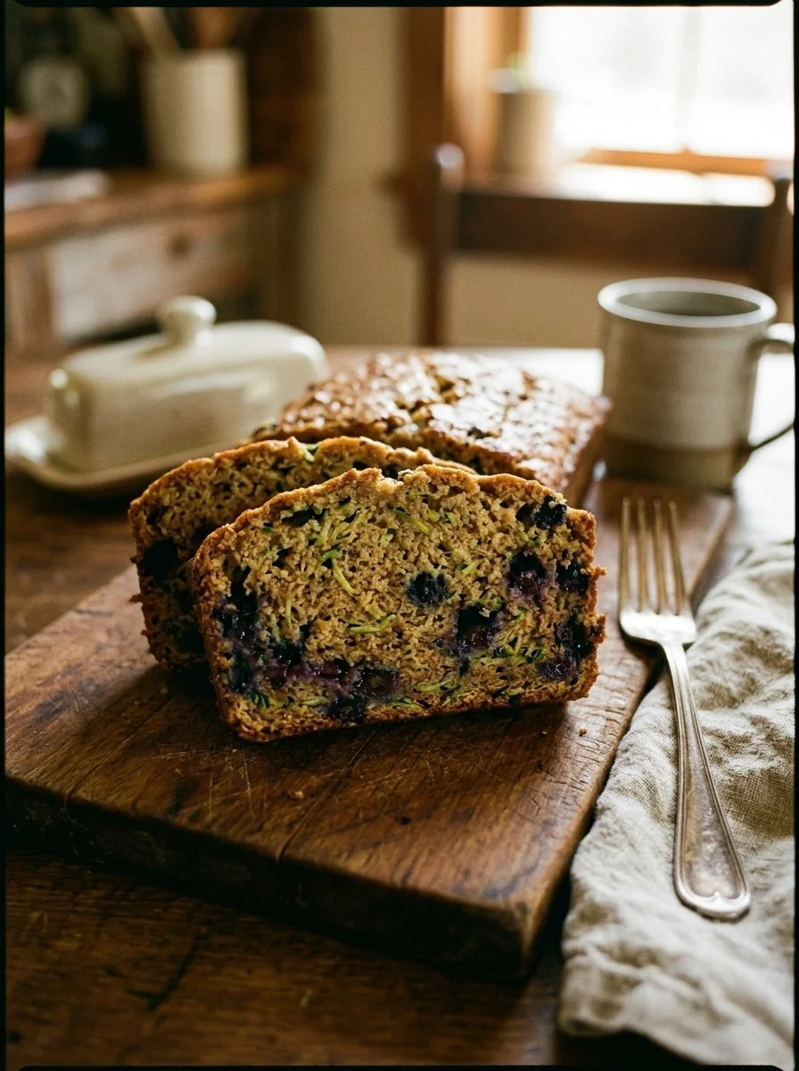 Freshly baked blueberry zucchini bread with vibrant blueberries and zucchini slices