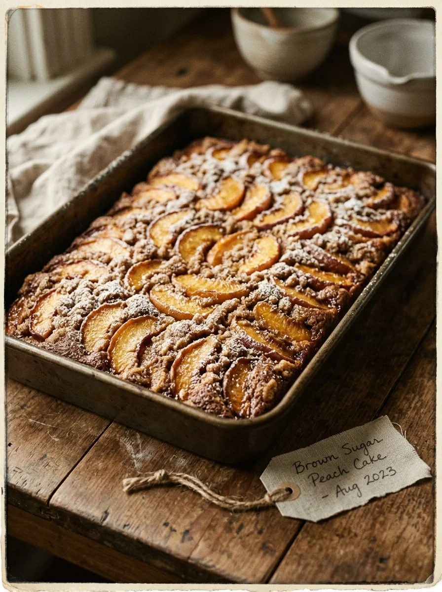 Delicious Brown Sugar Peach Cake topped with fresh peaches and brown sugar glaze.