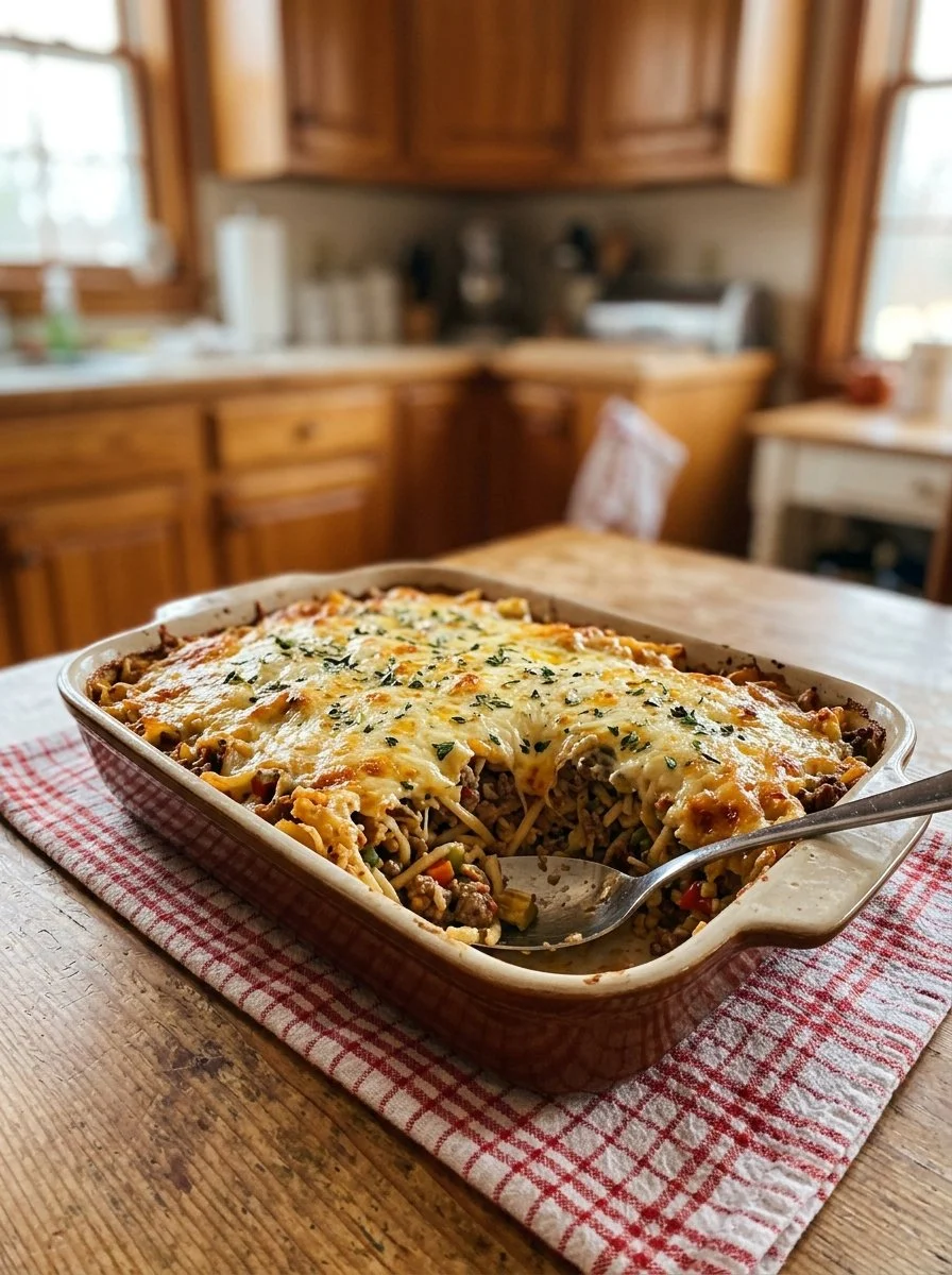 Cheddar Bay Hamburger Casserole Delight served in a casserole dish
