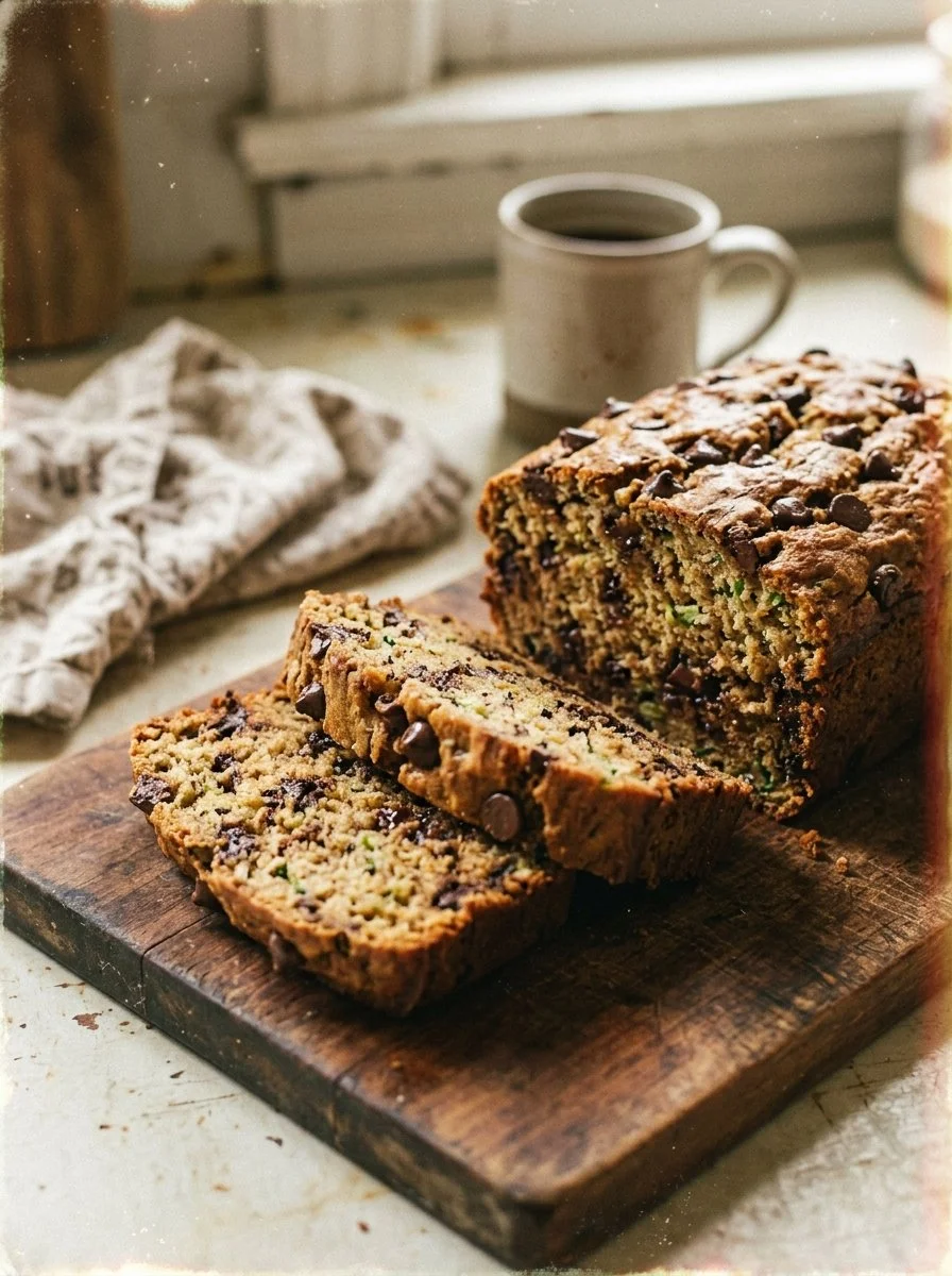 Slice of chocolate chip zucchini bread on a white plate