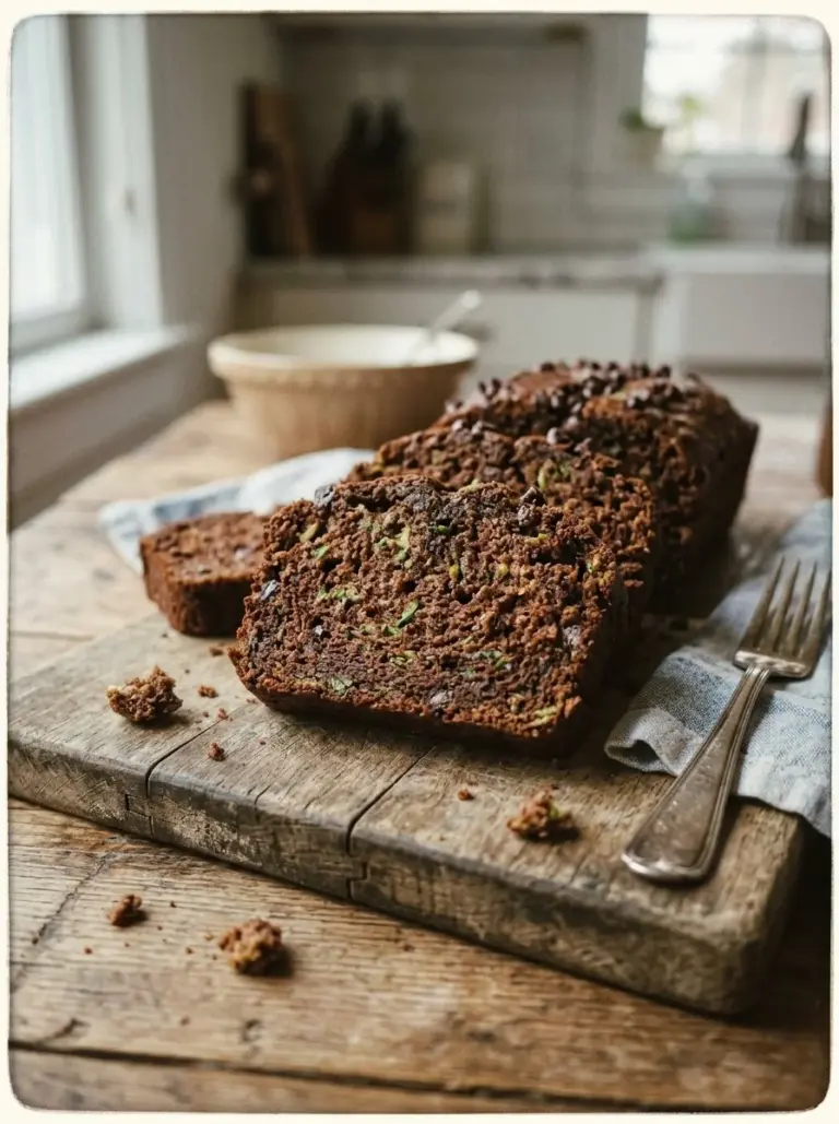 Loaf of homemade chocolate zucchini bread with chocolate chips and zucchini slices