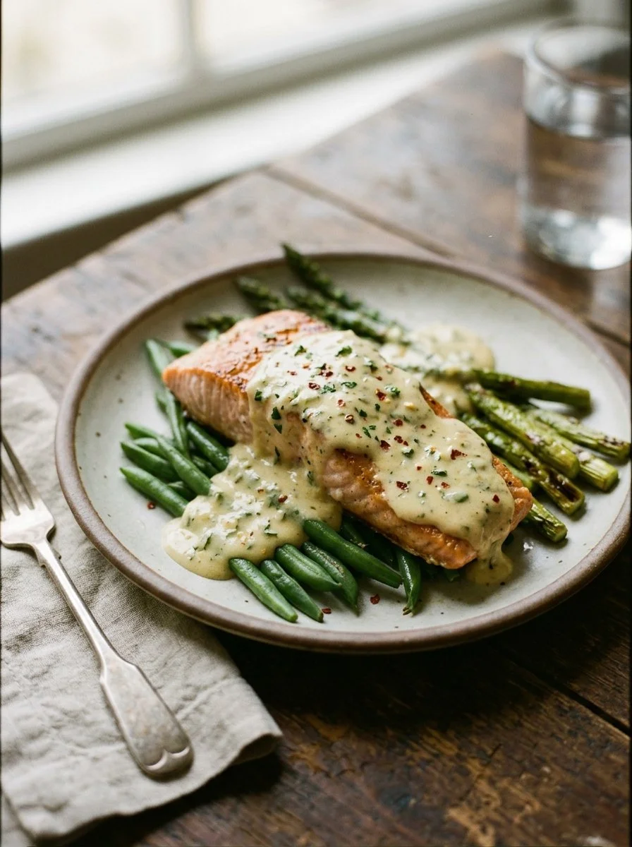 Creamy lemon garlic salmon dish garnished with herbs on a plate