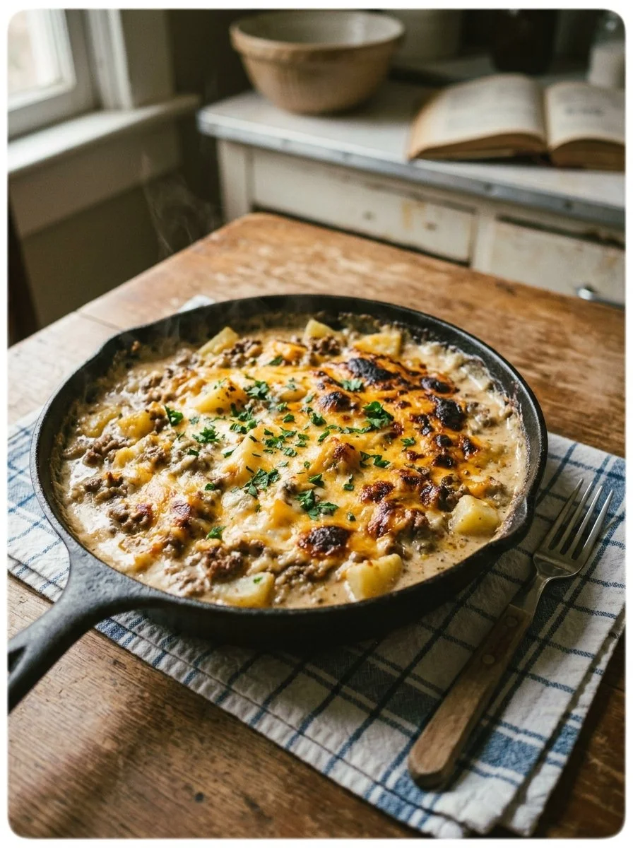 Creamy one pot beef and potato casserole served in a dish