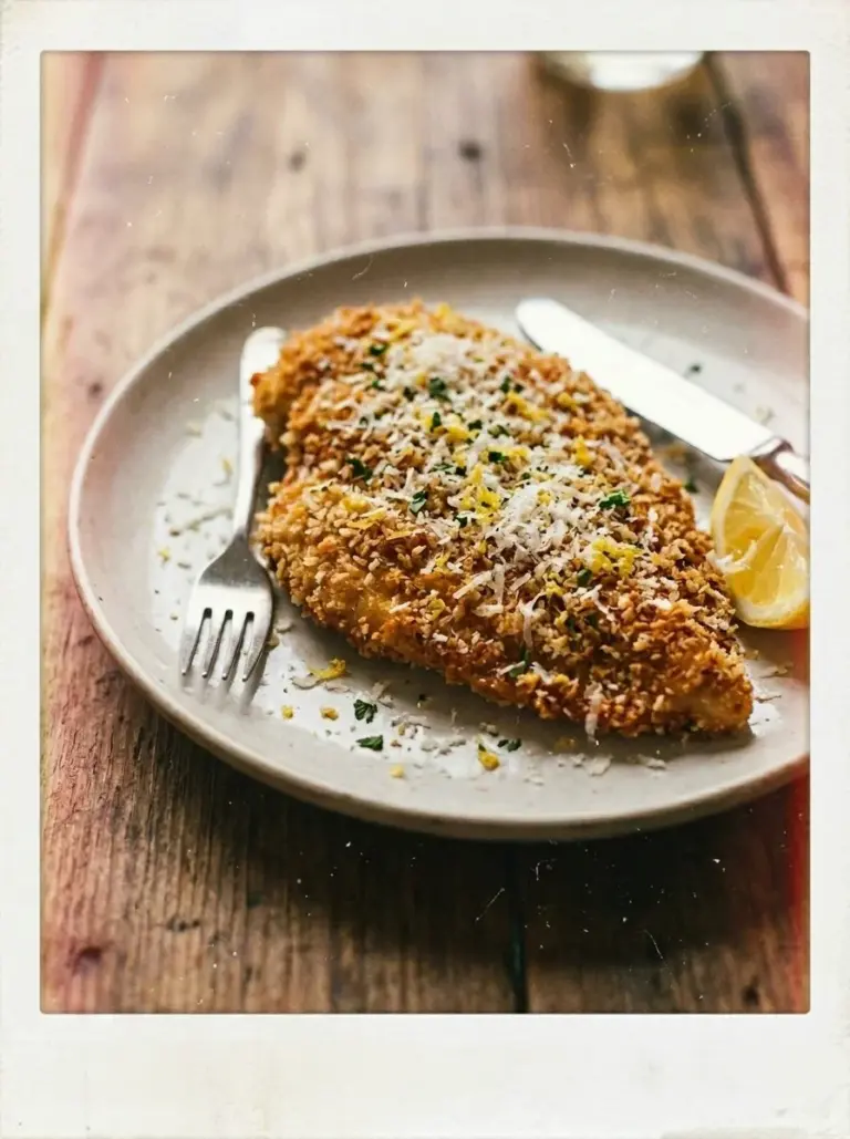 Crispy lemon pecorino chicken garnished with herbs on a plate