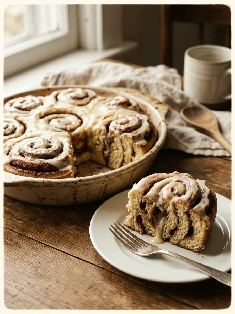 Decadent homemade cinnamon roll cake topped with creamy icing.