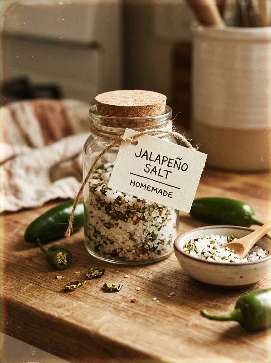 Homemade jalapeno salt in a small jar with fresh jalapenos.