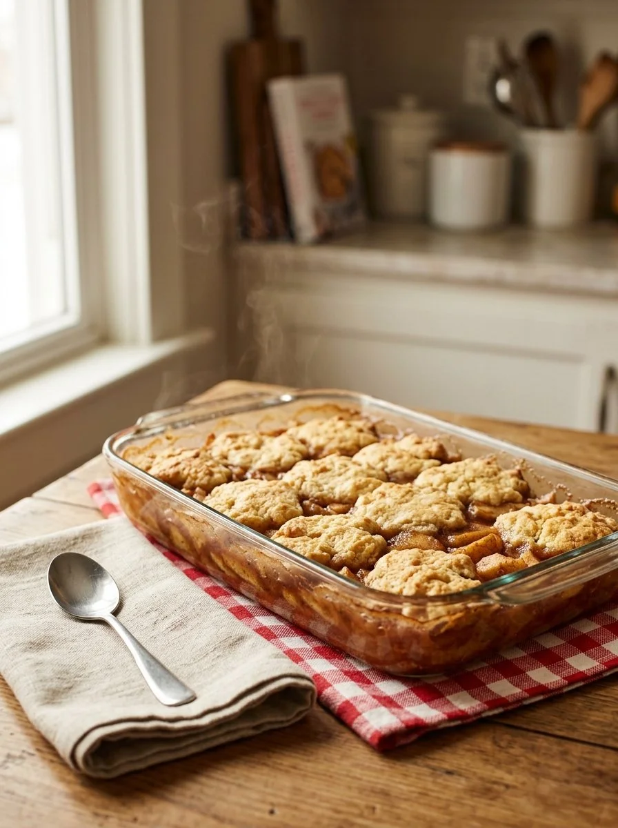 Delicious and easy homemade apple cobbler served in a baking dish