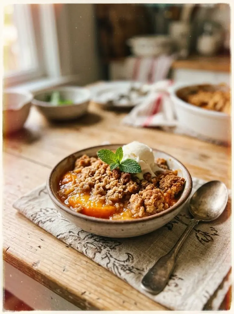 Delicious easy peach dessert on a plate with fresh peaches and cream