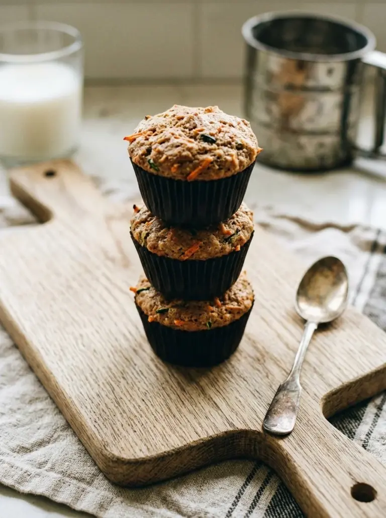 Fluffy whole wheat muffins with carrots and zucchini on a cooling rack.