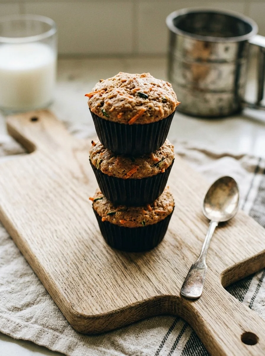 Fluffy whole wheat muffins with carrots and zucchini on a cooling rack.