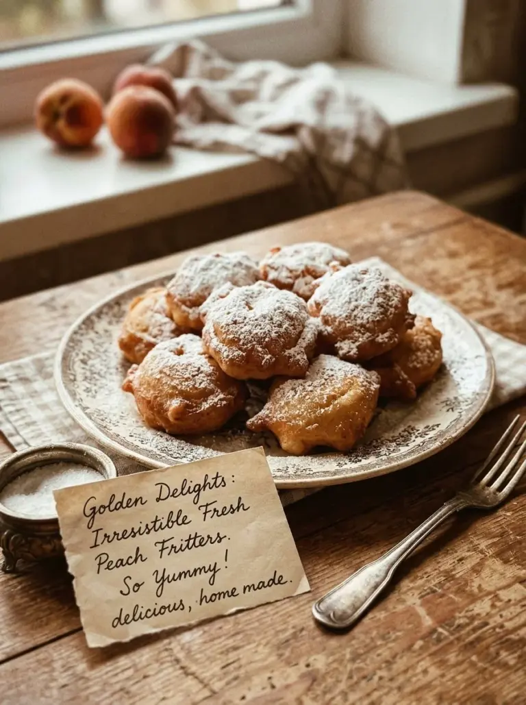 Delicious golden peach fritters with fresh peaches and a crispy exterior.
