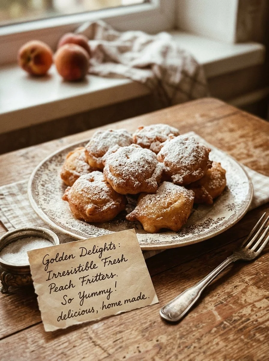 Delicious golden peach fritters with fresh peaches and a crispy exterior.