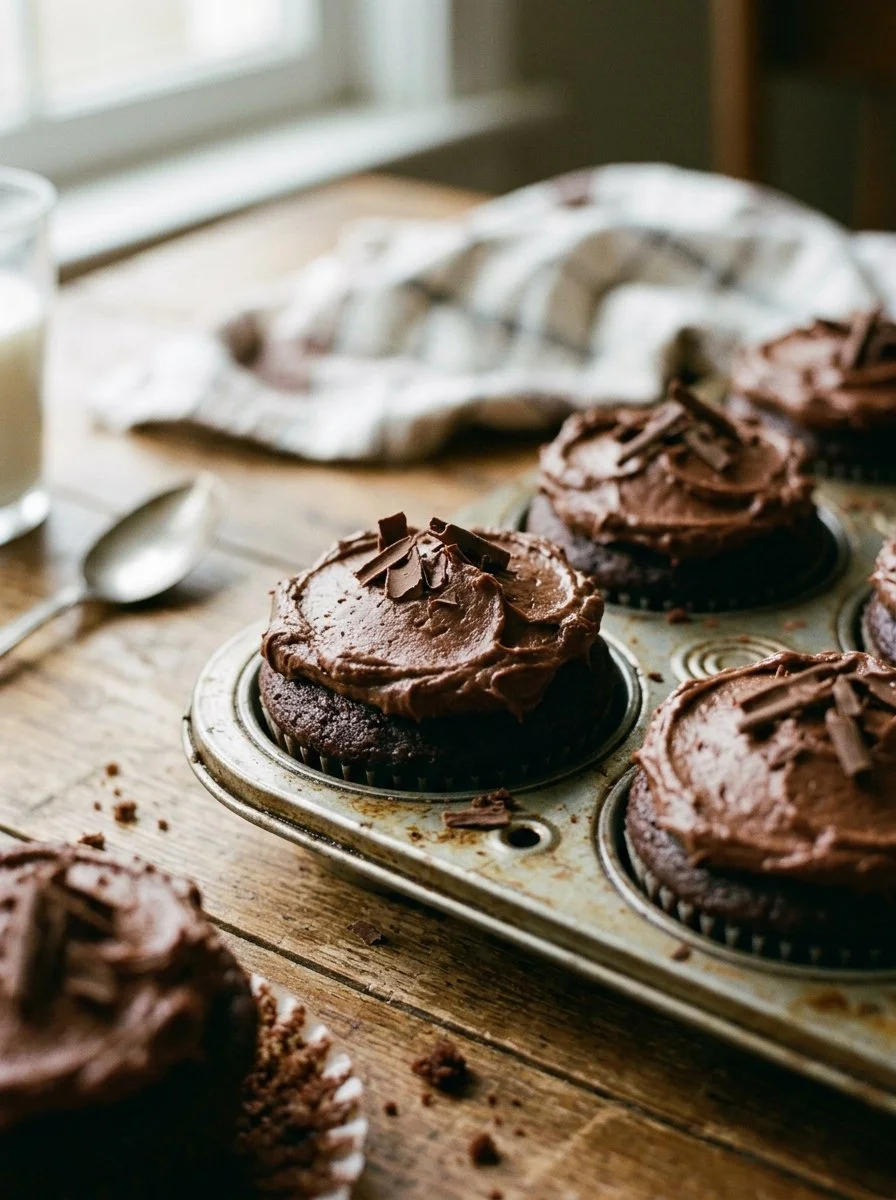 Delicious homemade moist chocolate cupcakes topped with rich chocolate frosting.