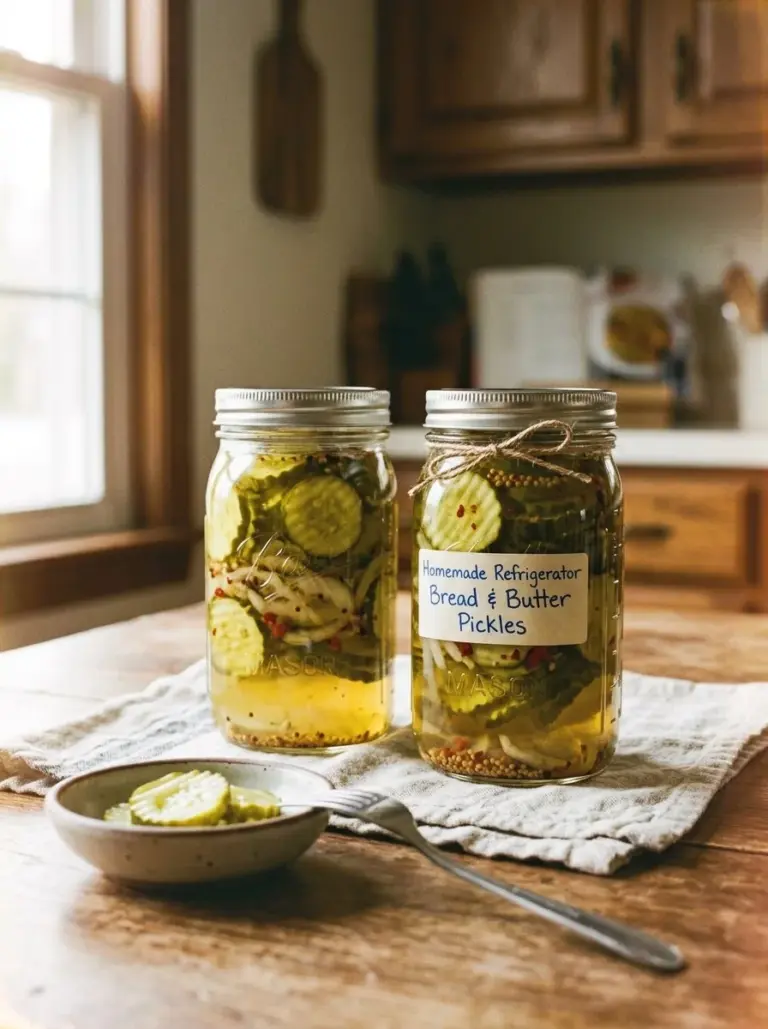 Homemade refrigerator bread and butter pickles in a jar with spices