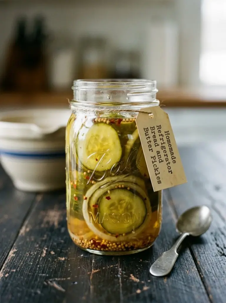 Jar of homemade refrigerator bread and butter pickles on a kitchen counter