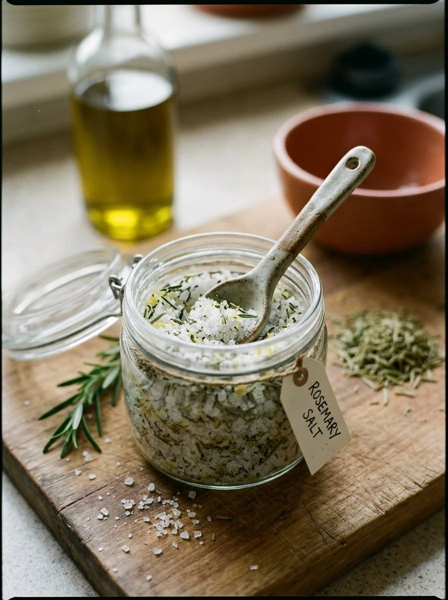 Homemade rosemary salt in a jar, ready for seasoning delicious dishes.