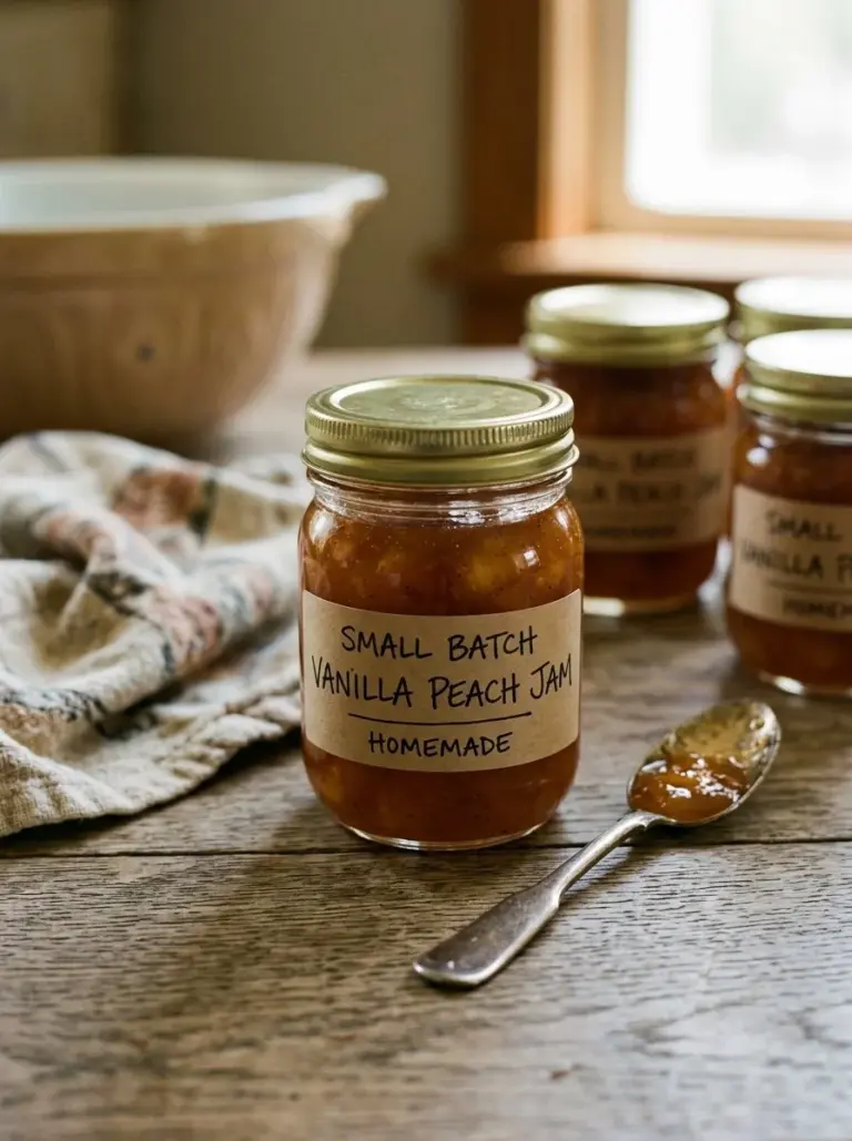 Homemade small batch vanilla peach jam in a jar with fresh peaches and vanilla bean