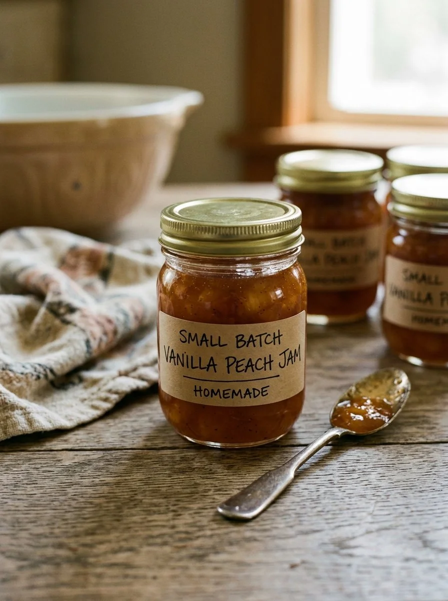 Homemade small batch vanilla peach jam in a jar with fresh peaches and vanilla bean
