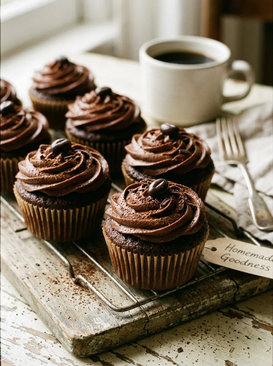Indulgent chocolate coffee cupcakes topped with rich frosting