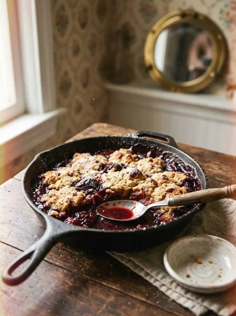 Delicious easy skillet plum cobbler served in a cast iron pan