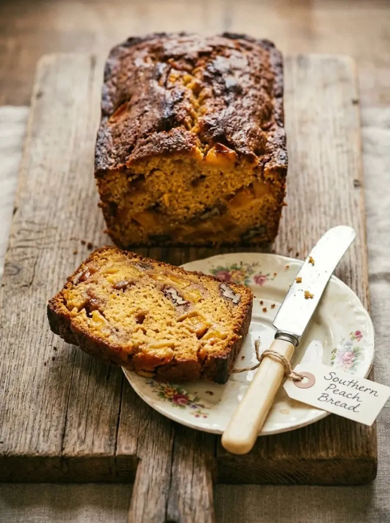 Loaf of irresistibly delicious Southern peach bread with fresh peaches