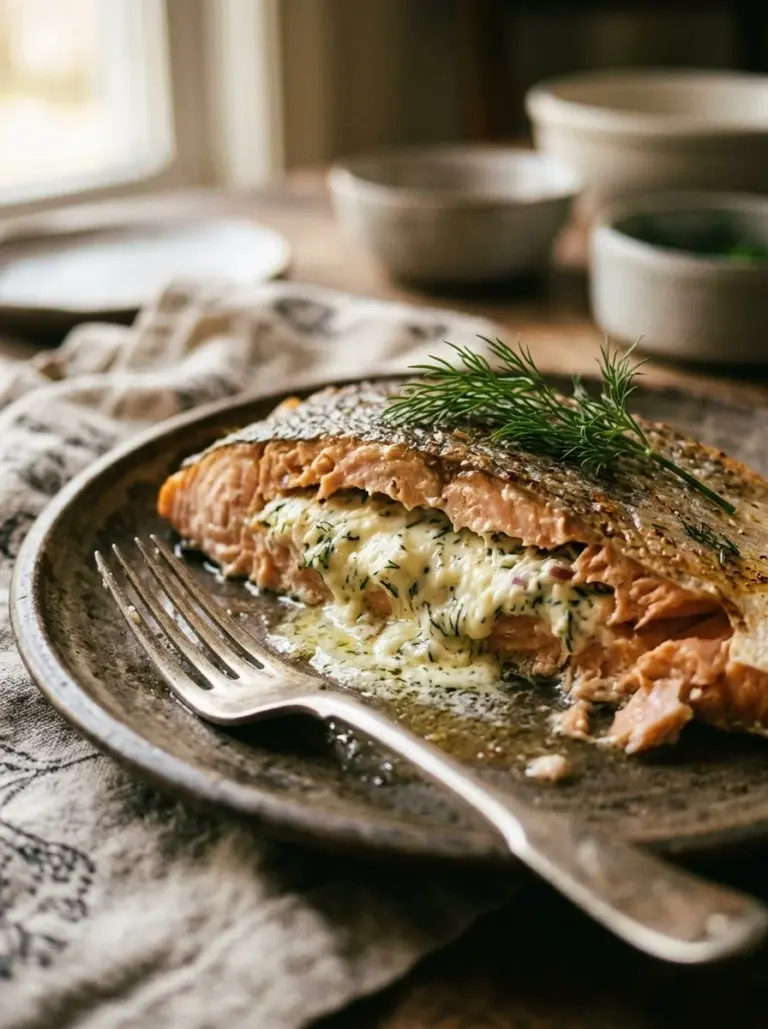 Irresistible stuffed salmon with cream cheese on a white plate