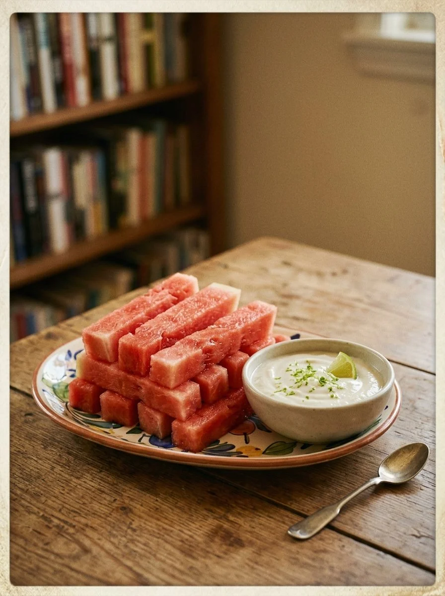 Plate of watermelon fries served with a coconut lime dip
