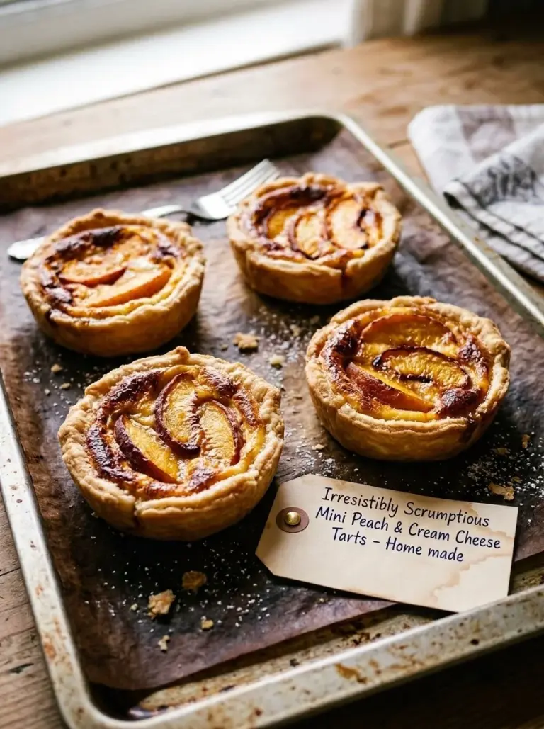 Mini peach tarts with cream cheese filling on a wooden table