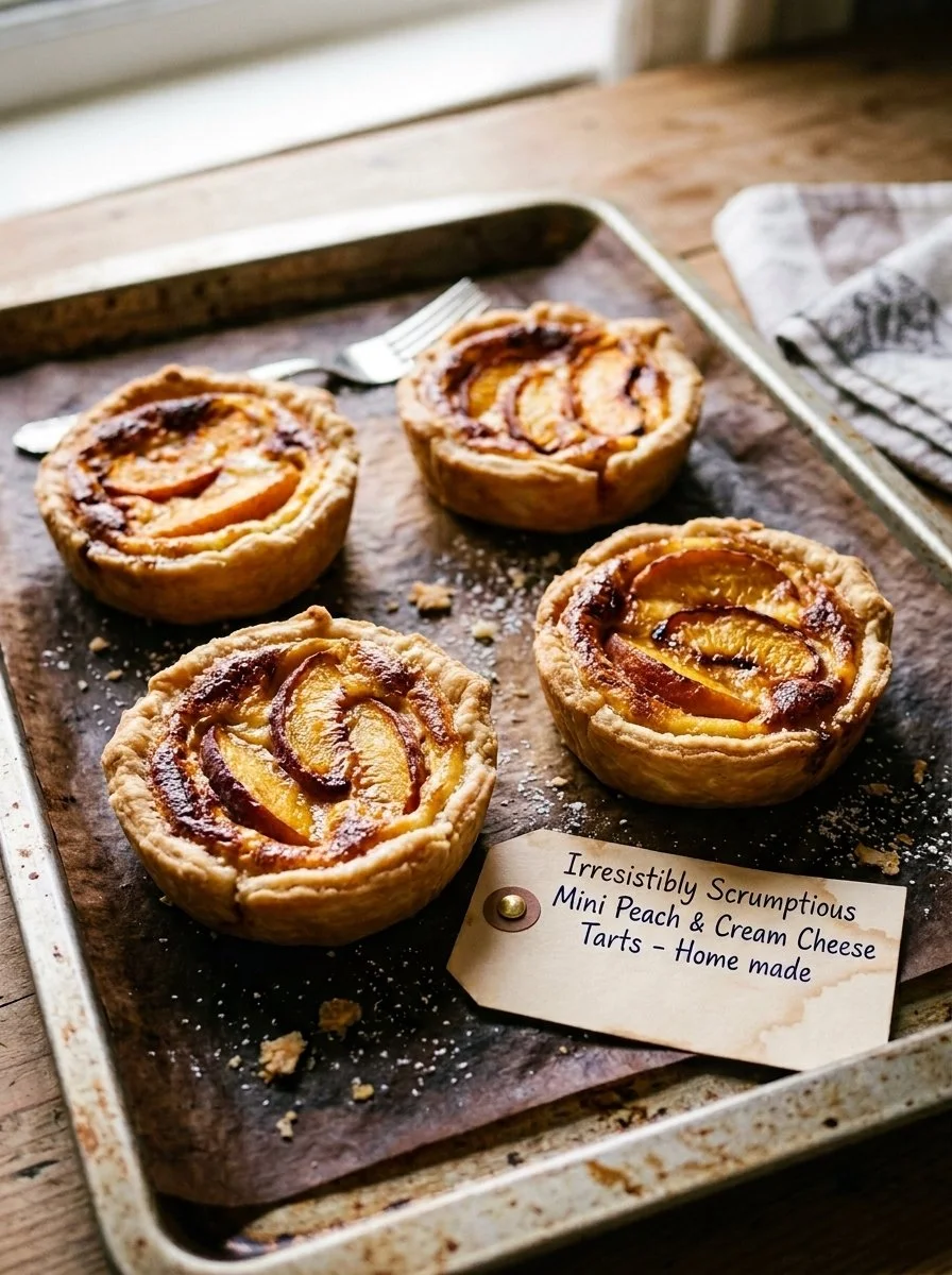 Mini peach tarts with cream cheese filling on a wooden table