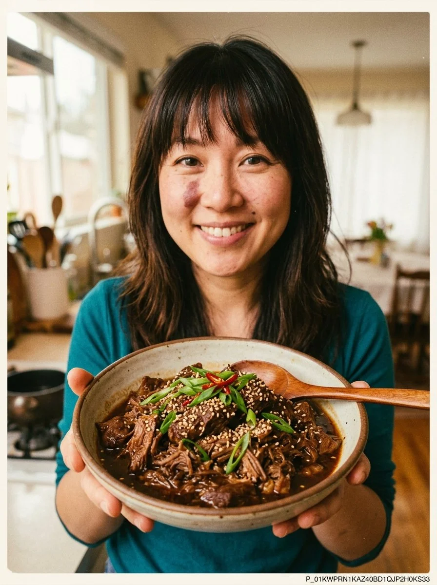 Slow Cooker Korean Beef served with vegetables and rice