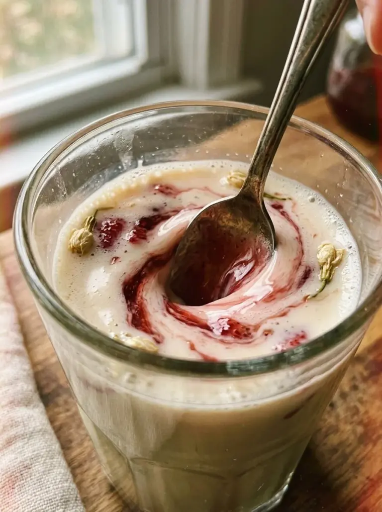 Jasmine Tea Latte topped with strawberry syrup in a glass