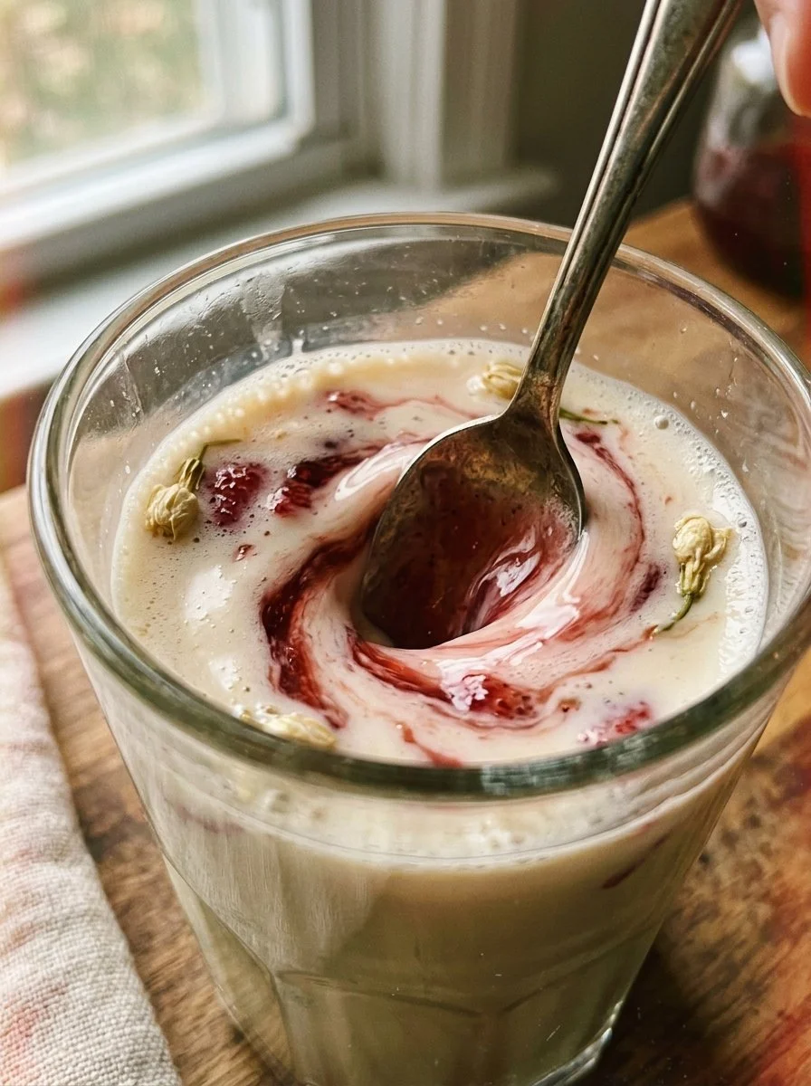 Jasmine Tea Latte topped with strawberry syrup in a glass