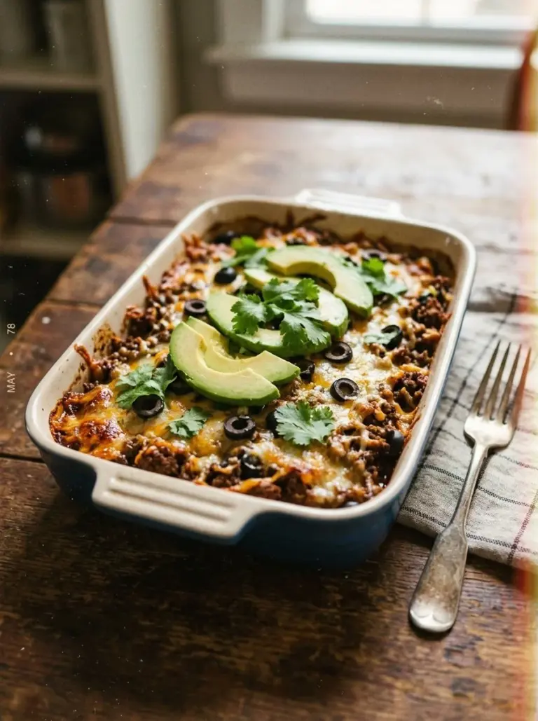 Keto Taco Casserole topped with cheese and avocado in a baking dish.