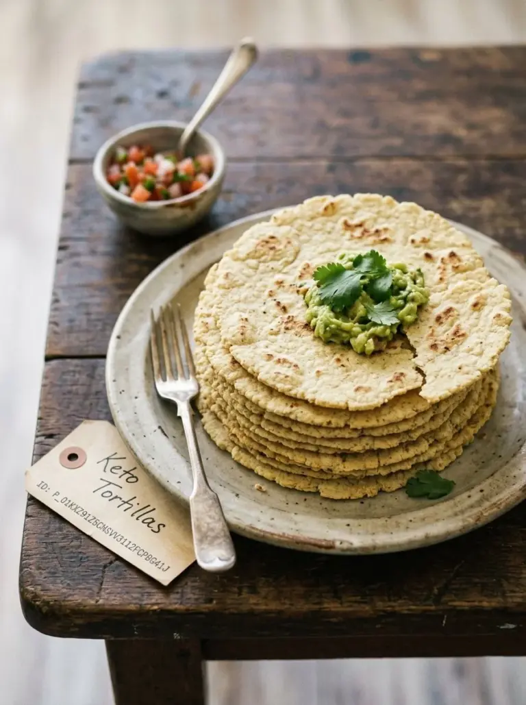 Homemade Keto tortillas on a wooden board with fresh ingredients.