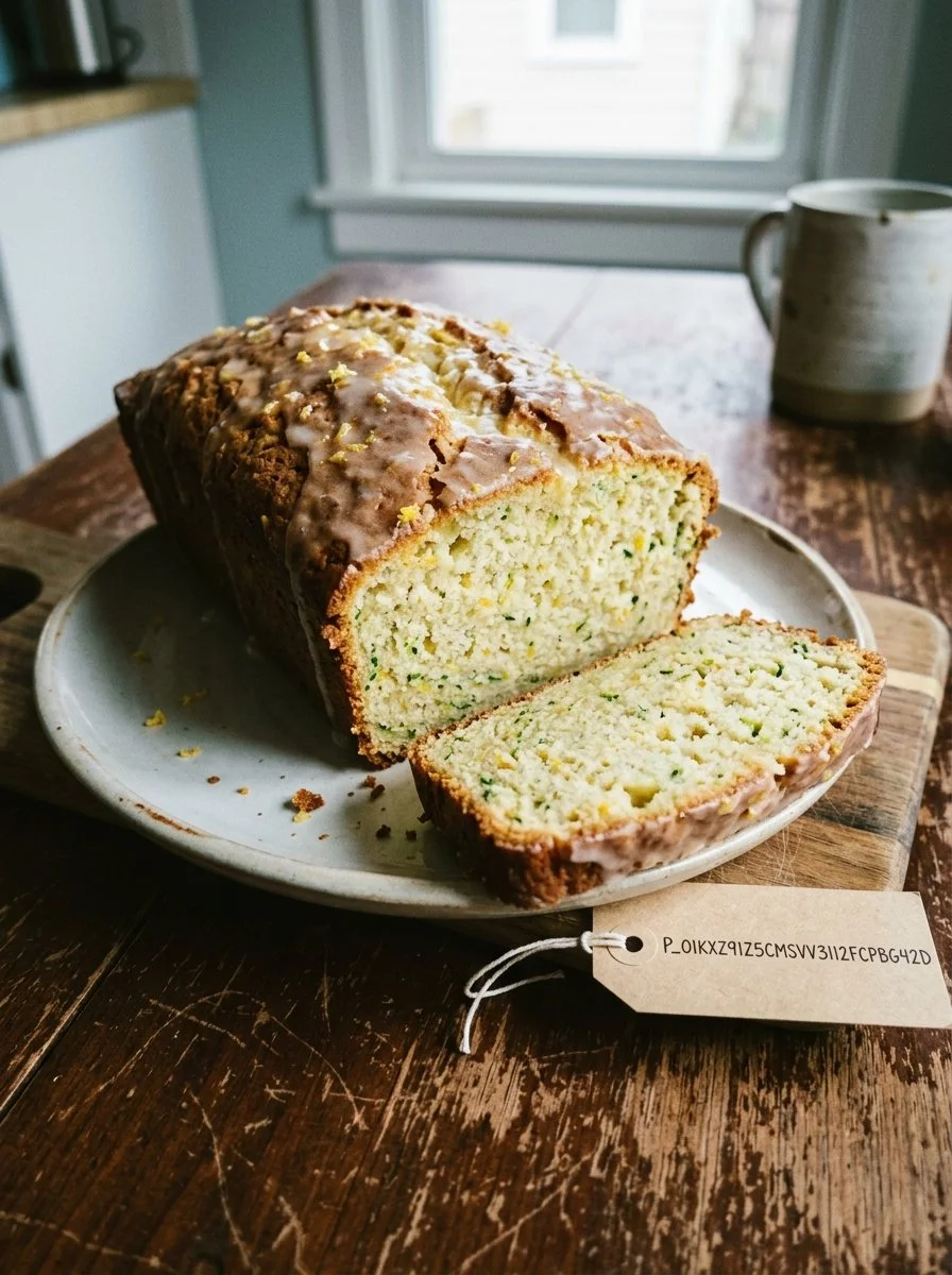 Slice of lemon zucchini bread with fresh lemon and zucchini on a wooden cutting board.