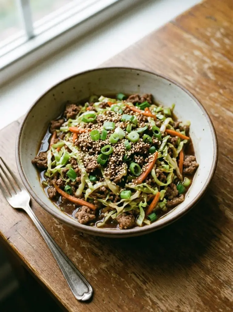 Low Carb Mongolian Ground Beef with Cabbage on a plate