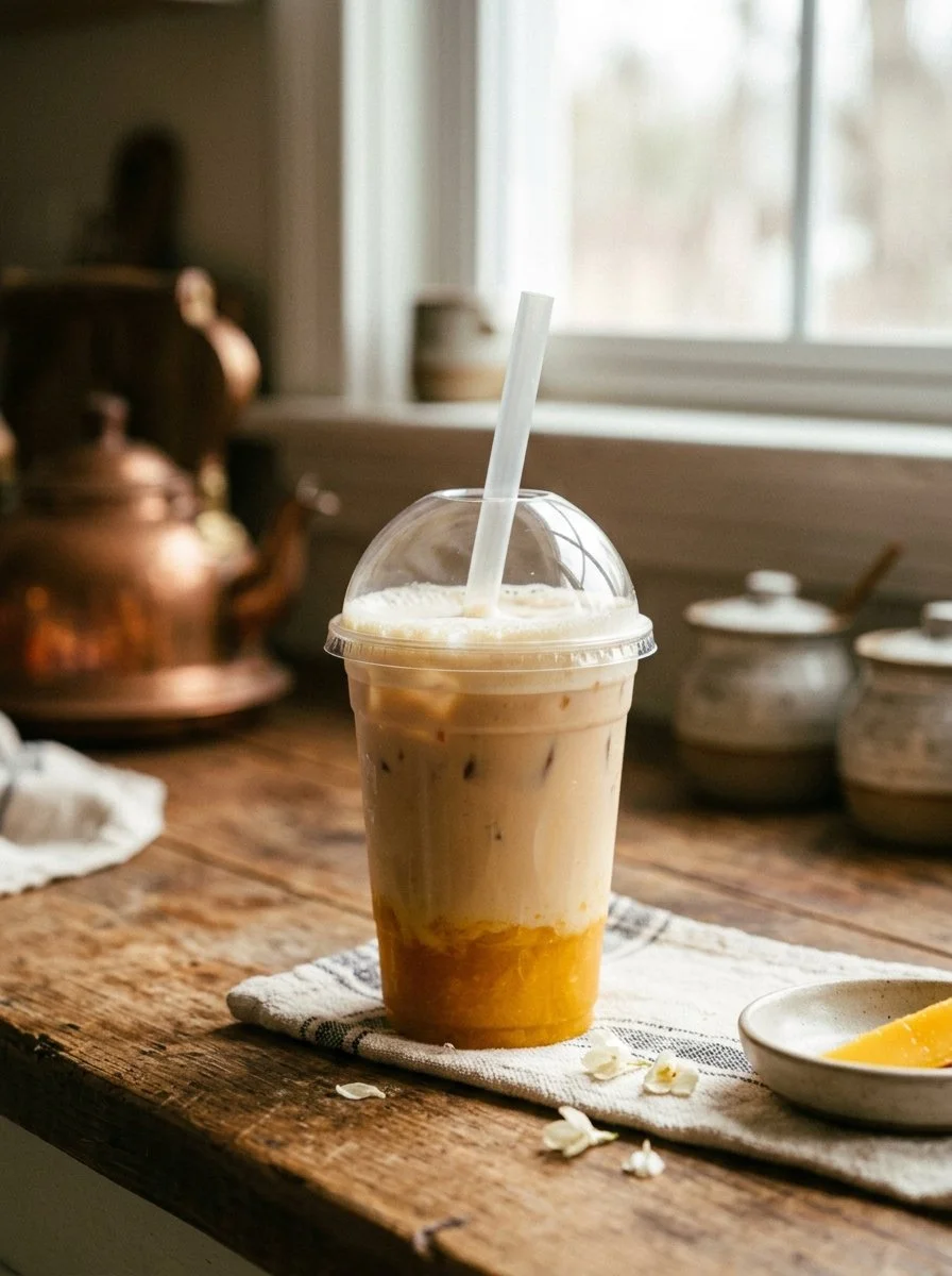 A refreshing glass of Mango Jasmine Milk Tea with mango slices and jasmine flowers.