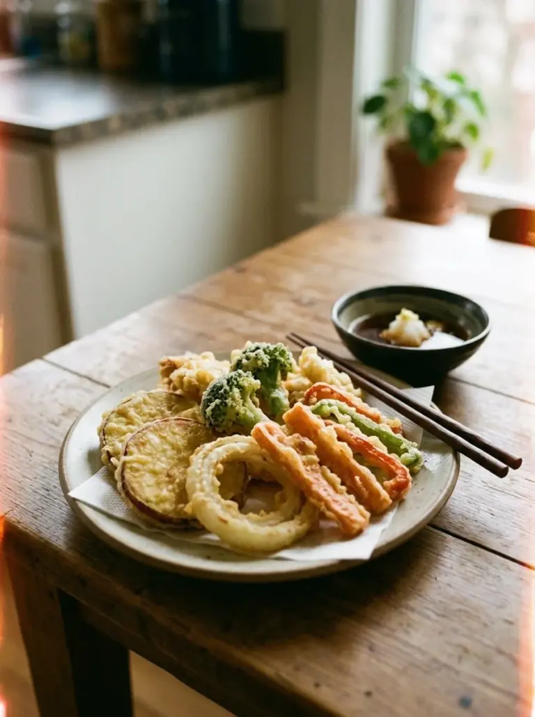 Crispy mixed vegetable tempura served with dipping sauce.