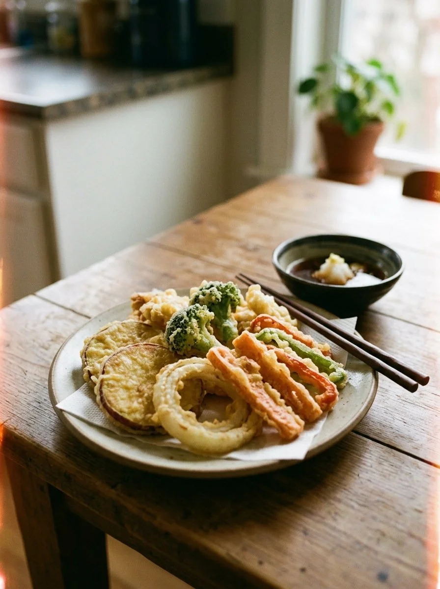 Crispy mixed vegetable tempura served with dipping sauce.