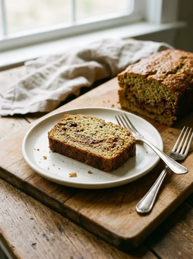 Moist and delicious cinnamon swirl zucchini bread displayed on a wooden table