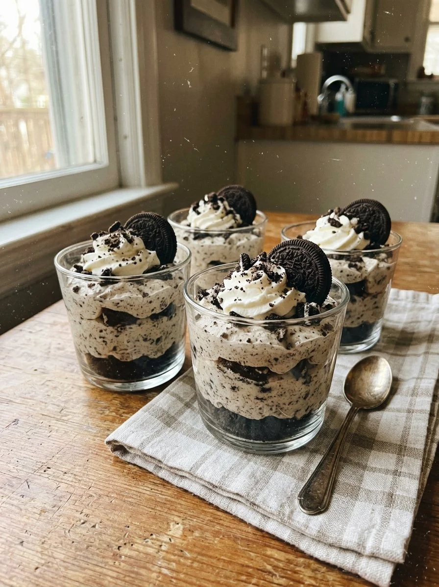 No Bake Oreo Cheesecake Cups with crushed Oreos and creamy cheesecake filling