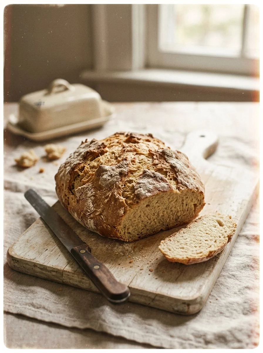 Freshly baked no knead gluten free bread on a wooden table